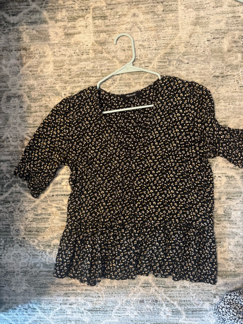 Madewell Black Floral Puff-Sleeve Top xsmall